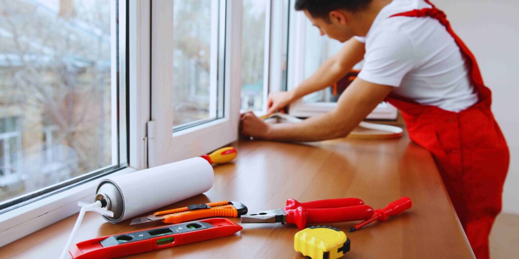 A man in red overalls is diligently repairing a window, focused on his task.