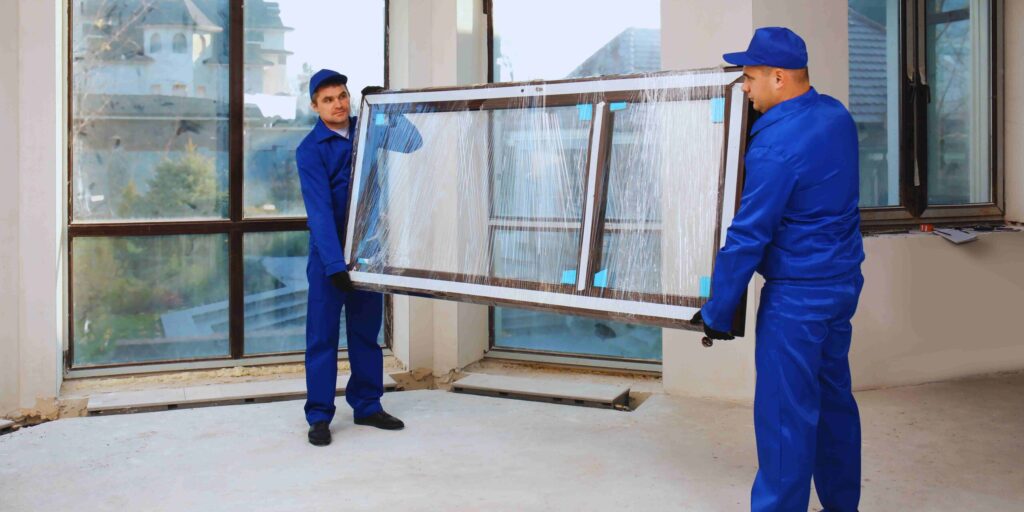 Two men in blue uniforms carefully hold a large window, demonstrating teamwork and precision in their task.