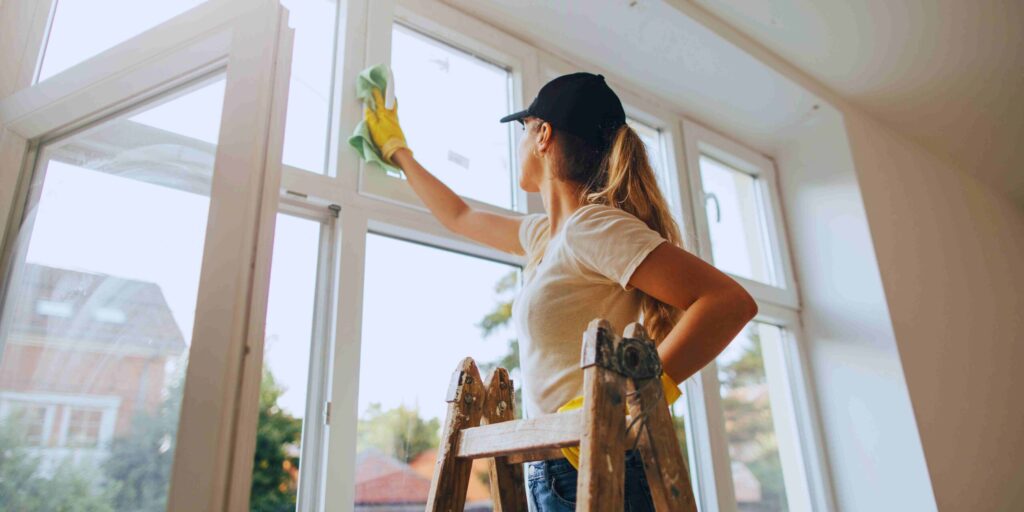 A woman using a ladder to clean windows, demonstrating diligence and attention to detail in her task.