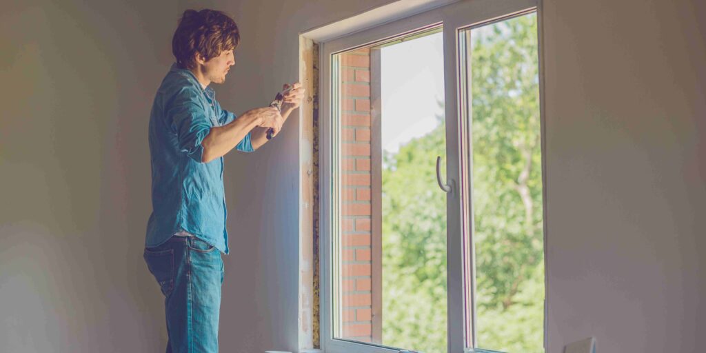 A man stands by a window, holding a plier, focused on a task.