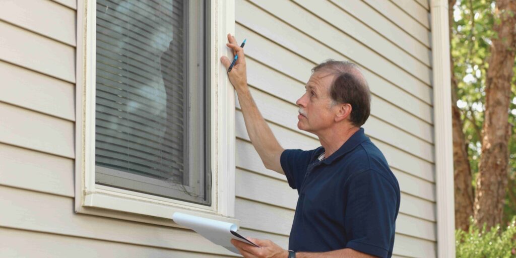 A man holding a clipboard gazes thoughtfully out of a window, contemplating his surroundings.