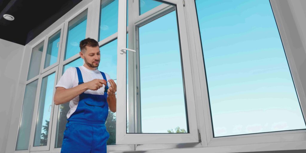 A man in overalls repairs a window, demonstrating skill and focus in a home improvement task.
